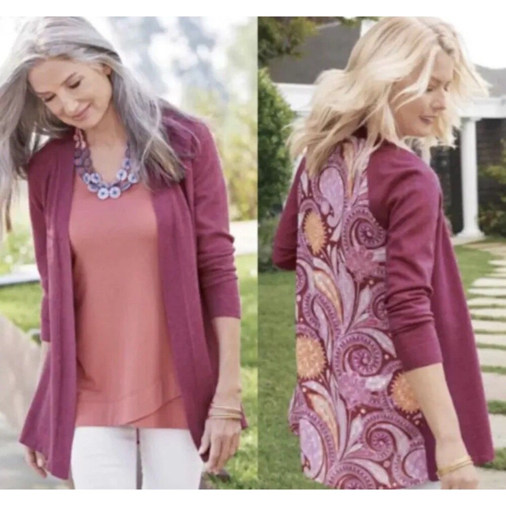 Soft Surroundings Pattern Paisley Back Open Cardigan Sweater in Pink Size XL